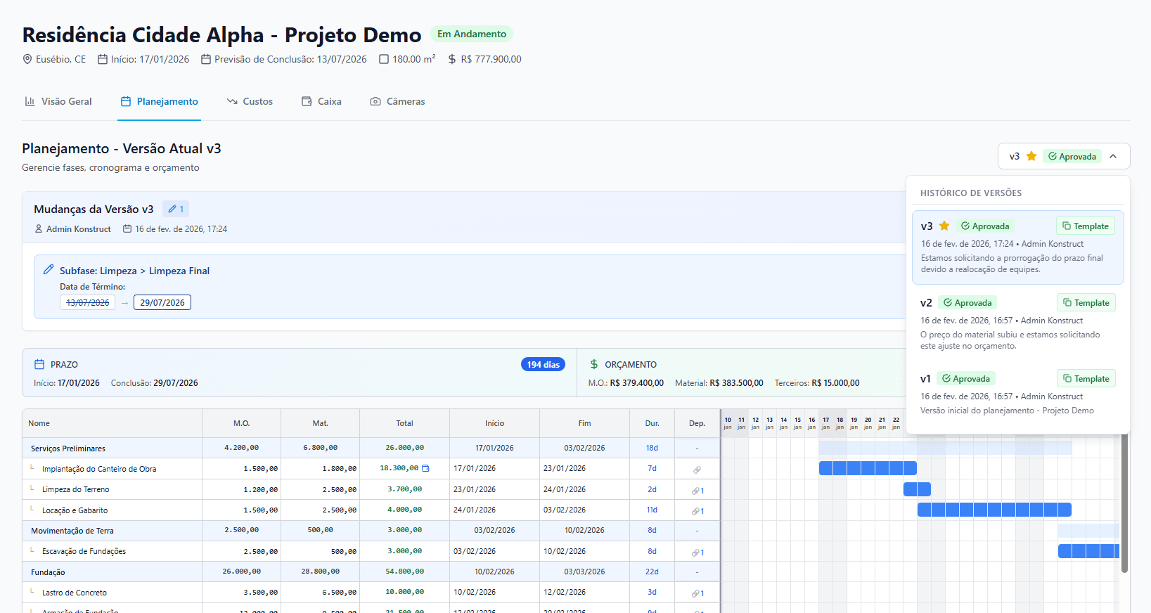 Rastreabilidade de mudanças e versões do planejamento