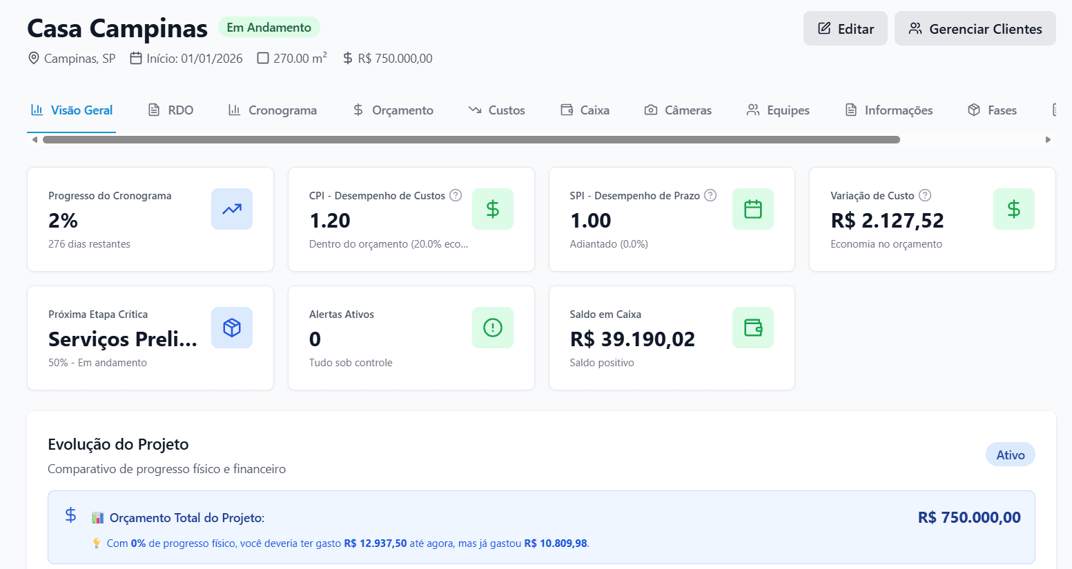 Visão completa: prazo, orçamento, caixa e progresso em tempo real.